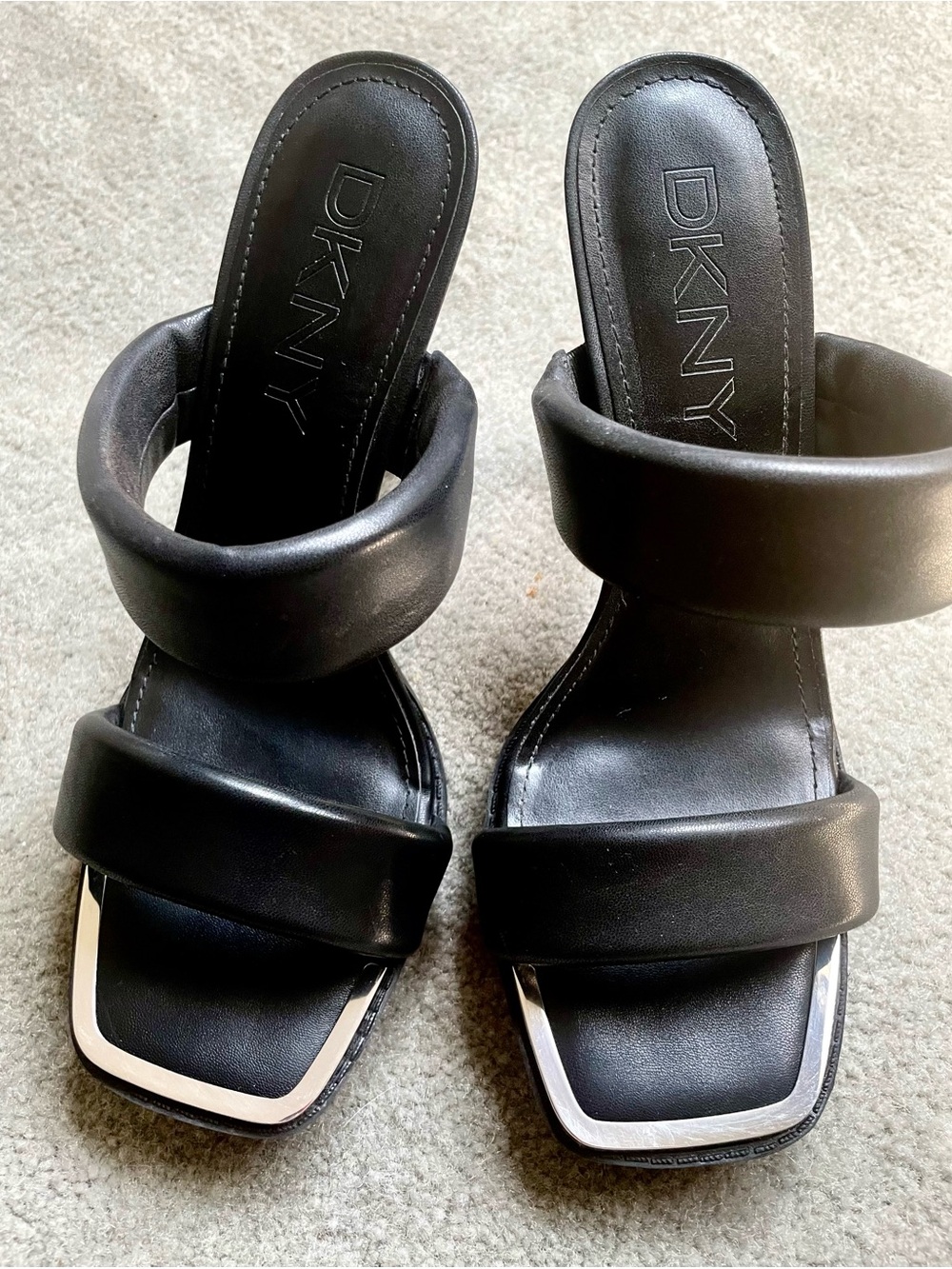 DKNY Black Double-Strap Square-Toe Mule Sandals with Silver Trim, Size 7.5